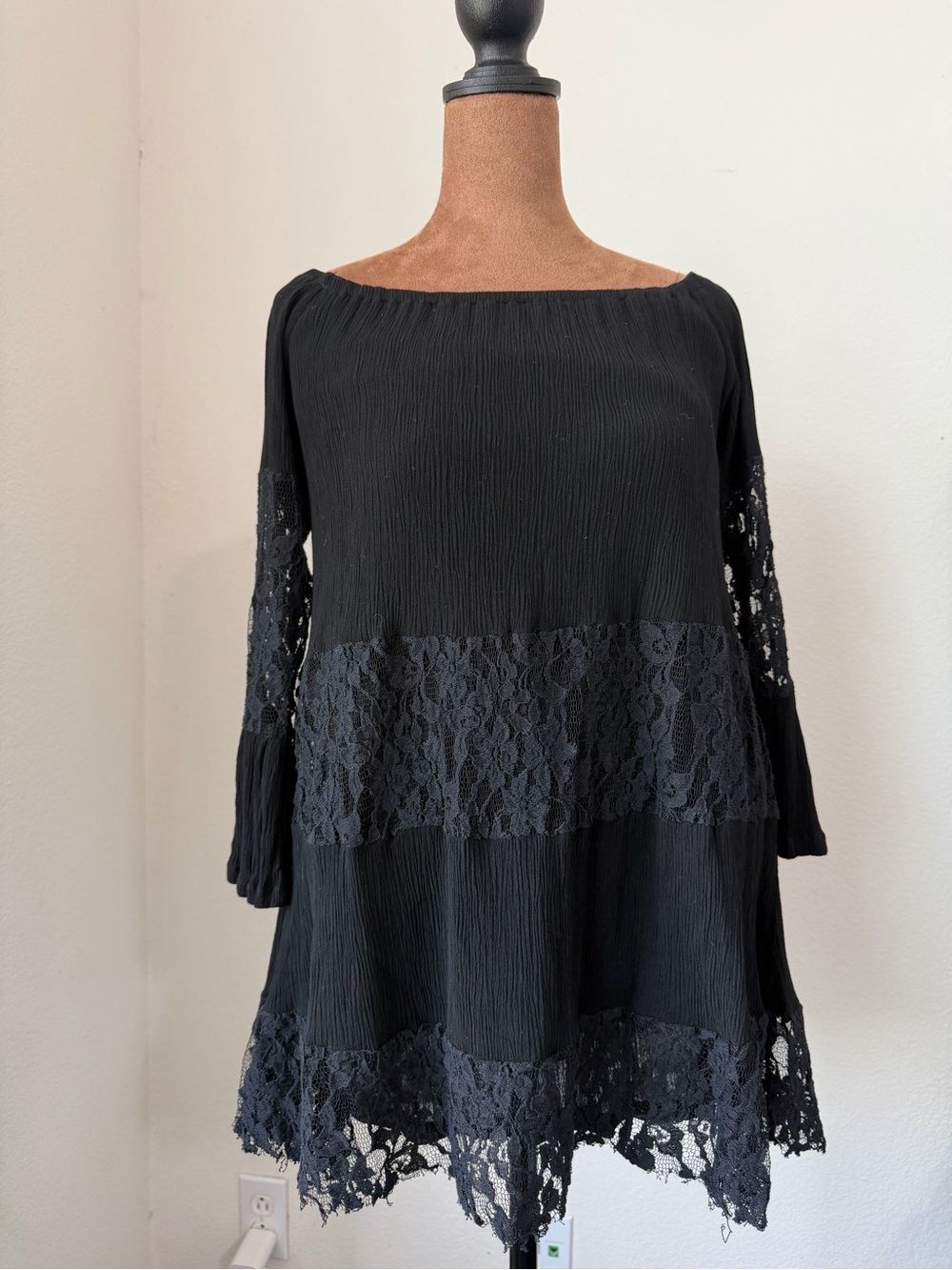 Free People Black Lace-Trim Peasant Tunic